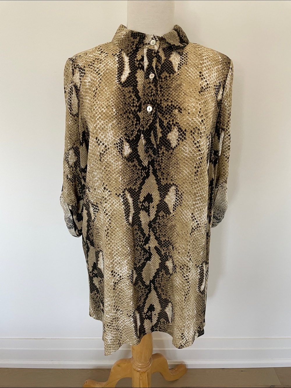Pistache Women’s High-Low Snake Print Dress in Beige and Black